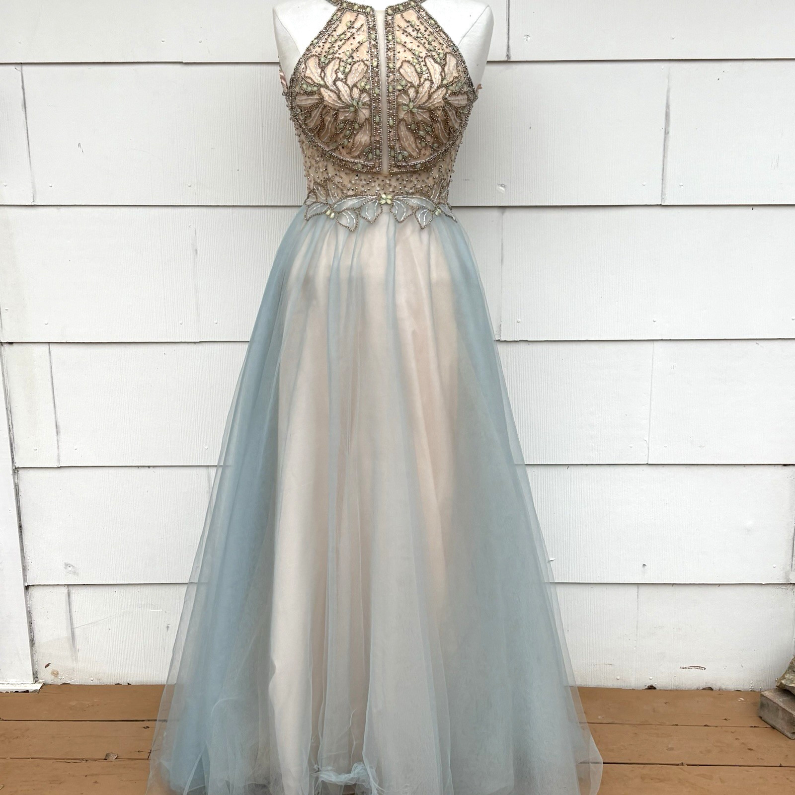 Glamour Halter Neck Beaded Bodice Contrast Tulle Long Ball Gown Prom Wedding