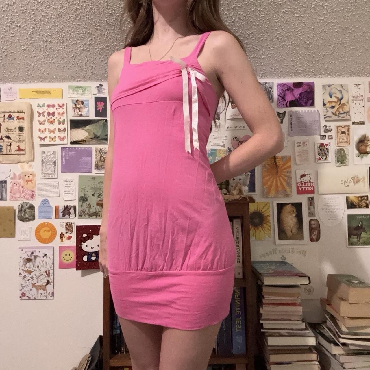 Vintage Y2K Pink Mini Dress With Bow + Button Detailing
