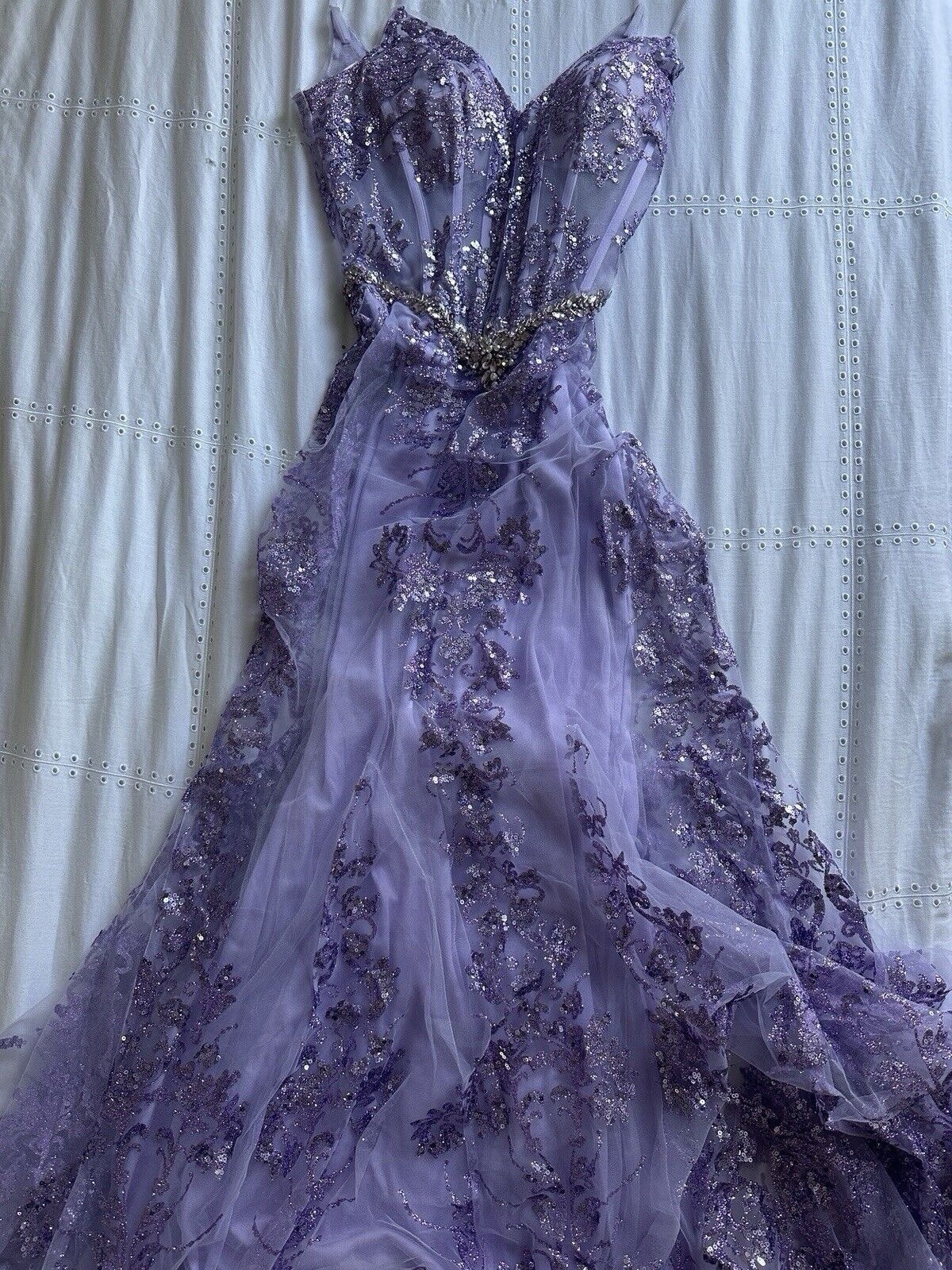 Purple Sequin Beaded Embroidered Long V-Neck Gown With Pearl Masquerade Mask