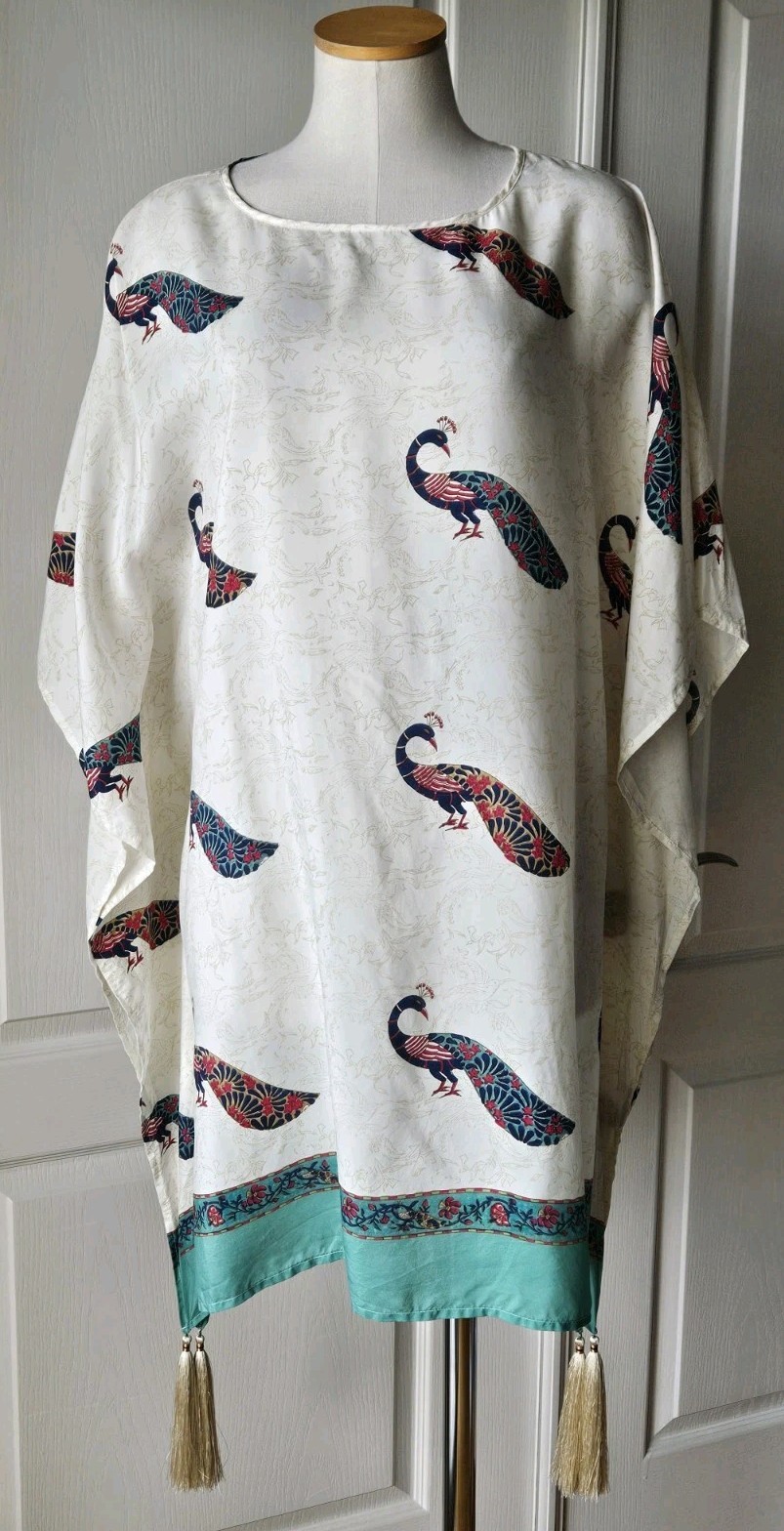 RARE Roller Rabbit XS S Small Silk Peacock Tassel Caftan Cover Up Dress Kaftan