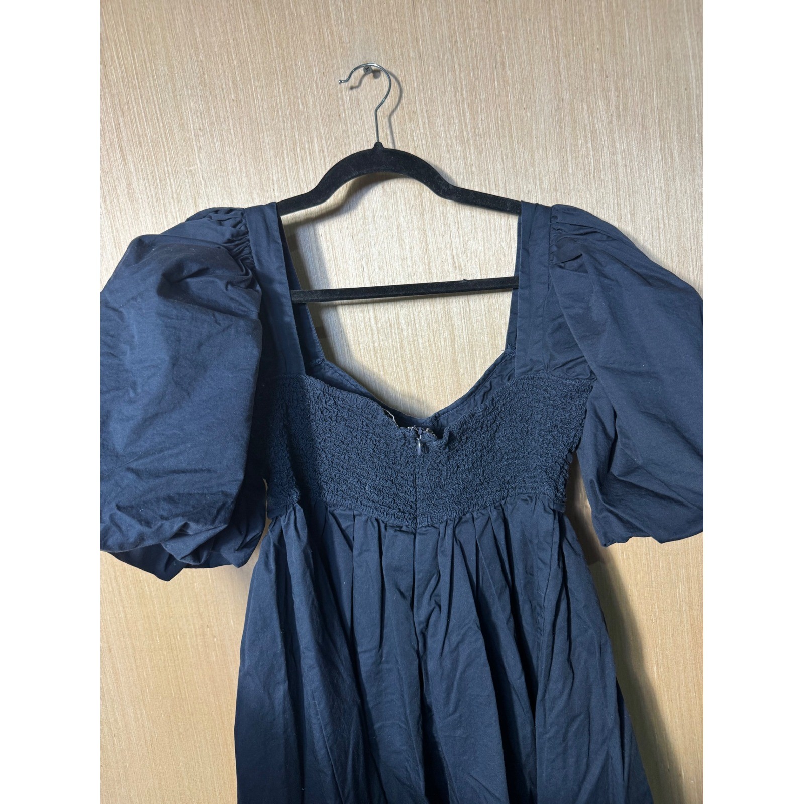 Sofie the label Navy Blue Cotton Puff Sleeve Smocked Mini Dress Womens Medium
