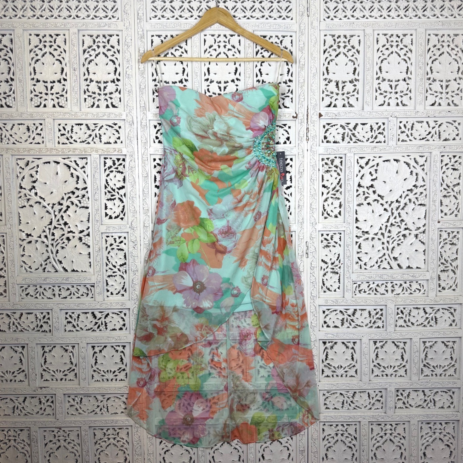 NWT Teeze Me Colorful Strapless Mesh Asymmetric Dress Sz M/L Y2K Fairy Coquette