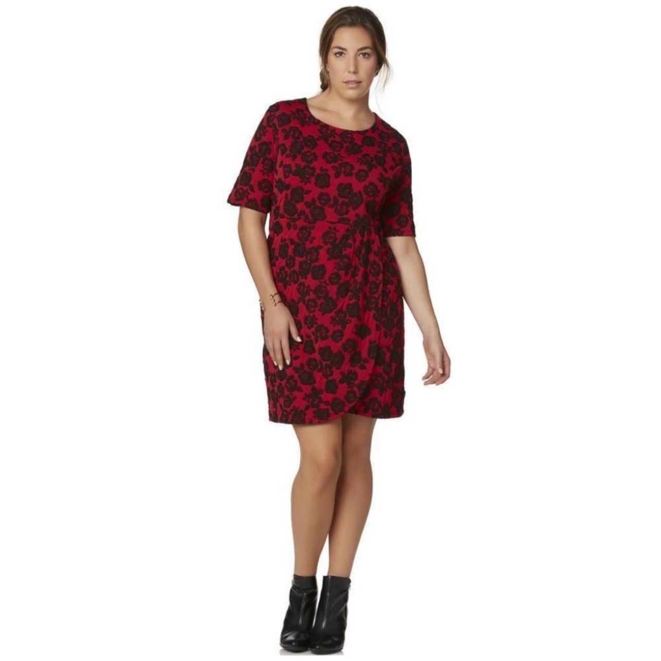 Size 3X 22 24 Red/Black Rose Print Knit Dress Day/Evening All-Season Plus Size