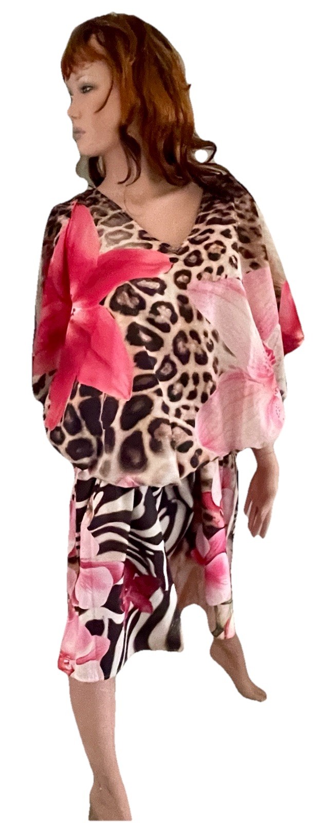 GYPSIE BLU NWT Leopard ZEBRA and TROPICAL FLORAL Digital Print CAFTAN Dress O/S
