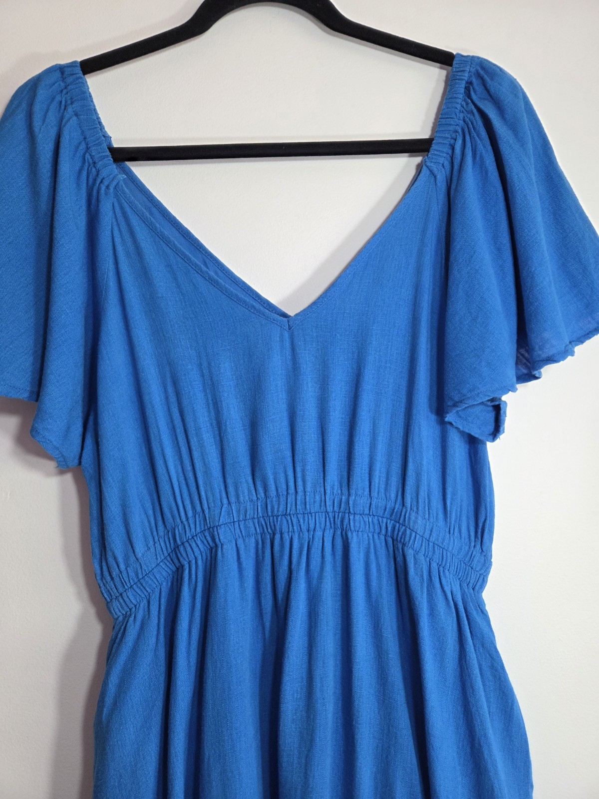 FRIA Size 12 Blue V-Neck Flutter Sleeve Elastic Waist Fit & Flare Short Dress