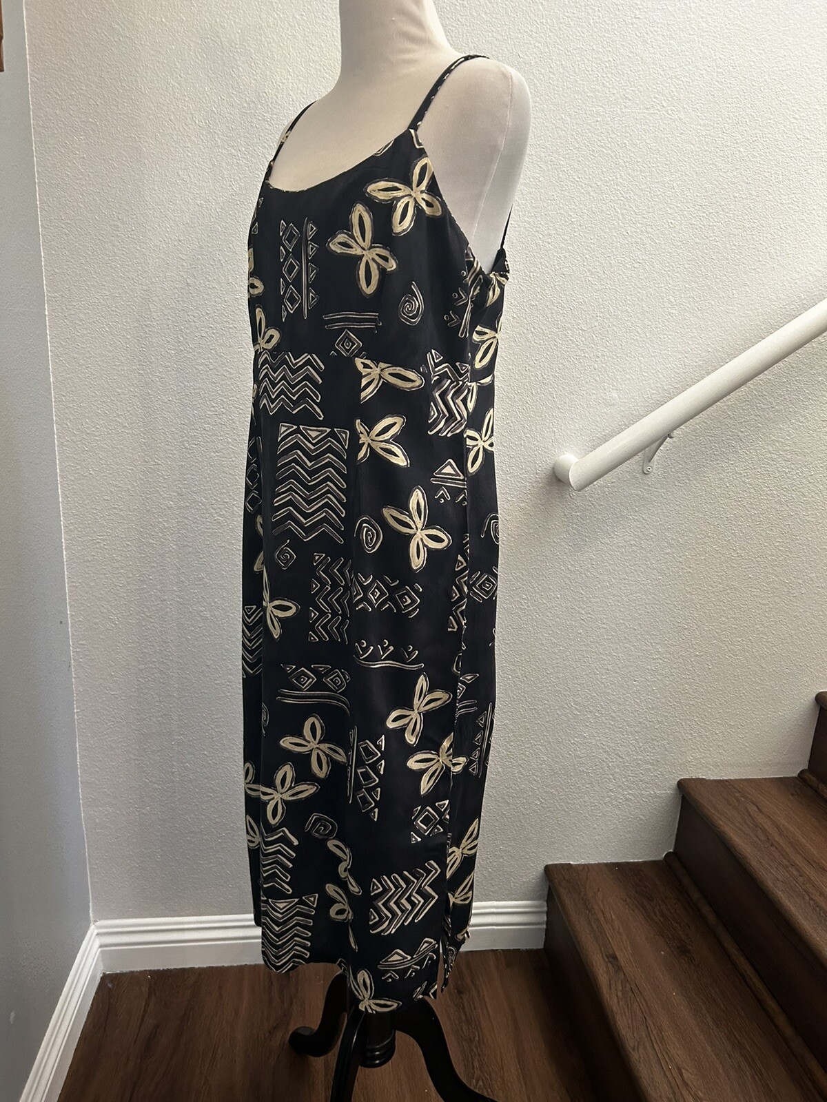 BLACK TAN SPAGHETTI STRAP HAWAIIAN MUUMUU HULA DRESS SIZE L
