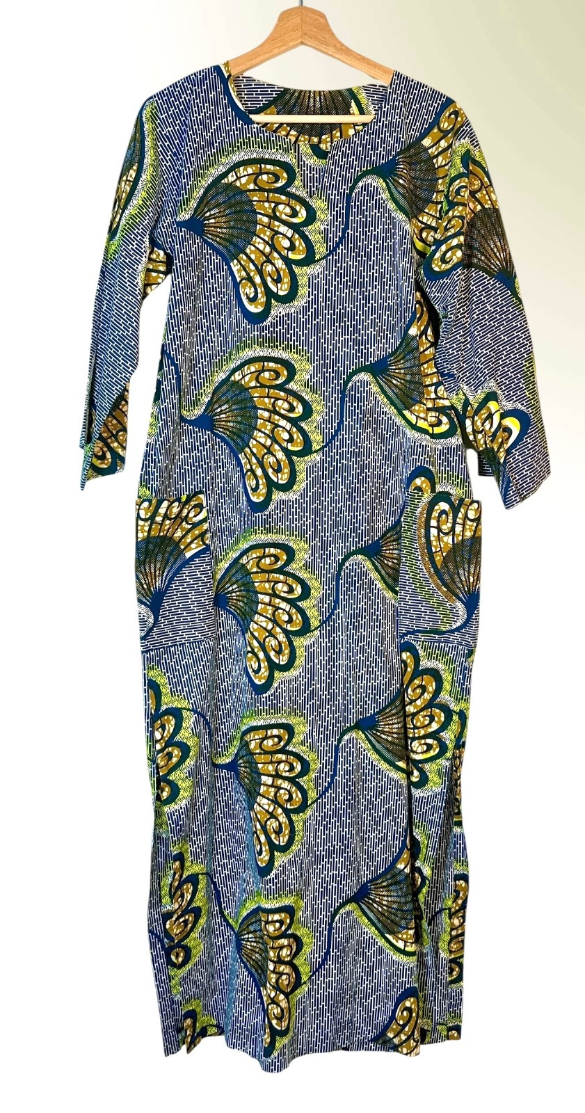Vintage African Ankara Wax Print Caftan Maxi Dress Cotton Handmade Pockets M