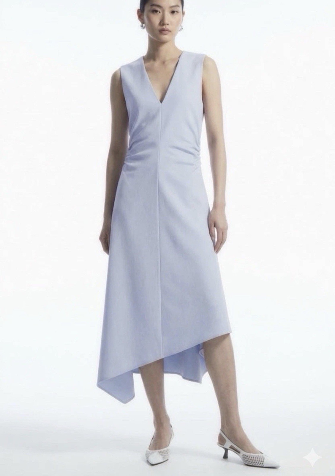 COS Asymmetric Gathered Midi Dress White Ivory Sleeveless V-Neck Size L NWT
