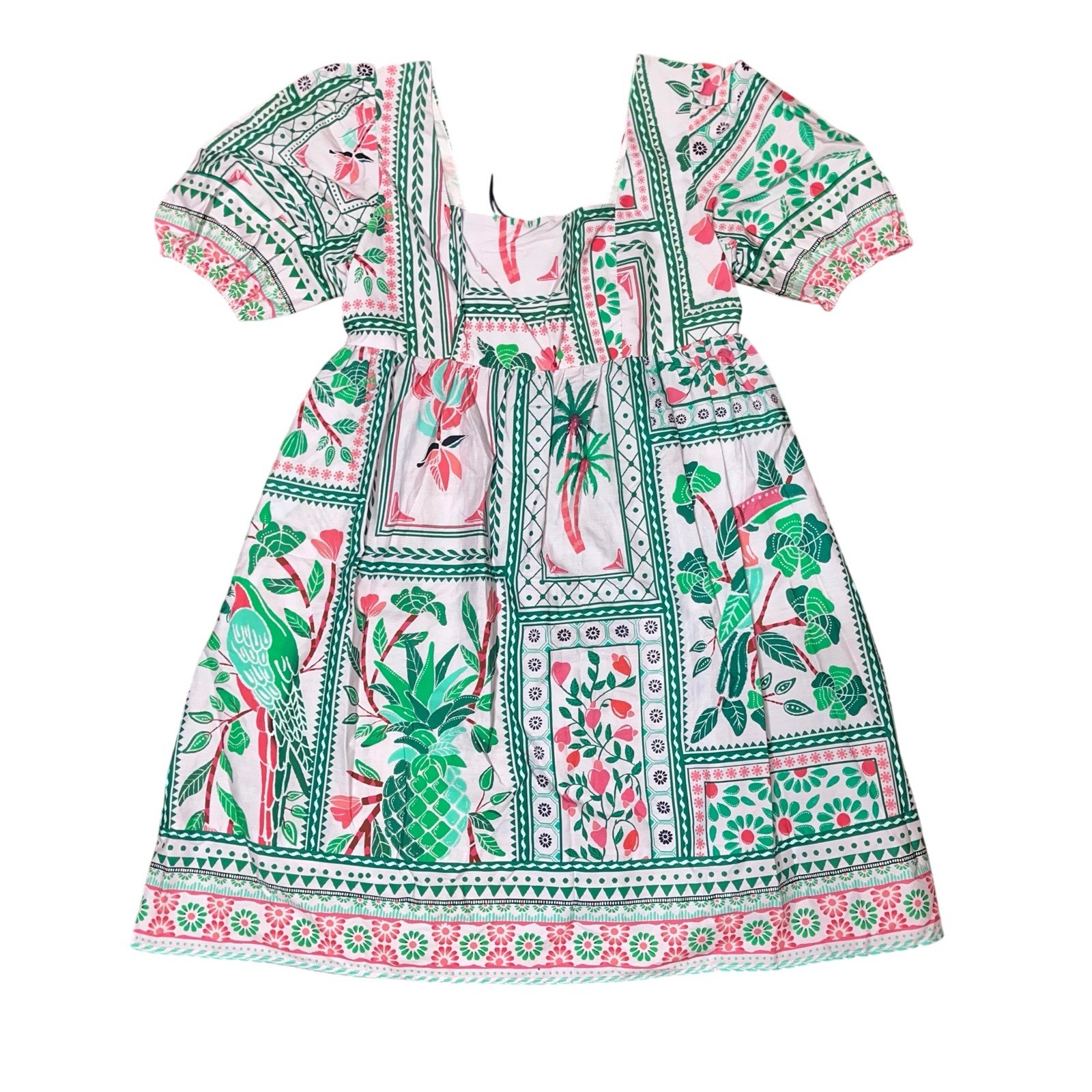 Celina Moon White Pink Green Dress Flare Knee Length Small NWT Palm Floral