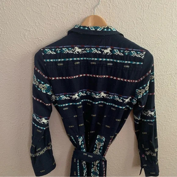 Finley Jeanette Taos in Navy Blue Western Horse Embroidered Shirt Dress XS