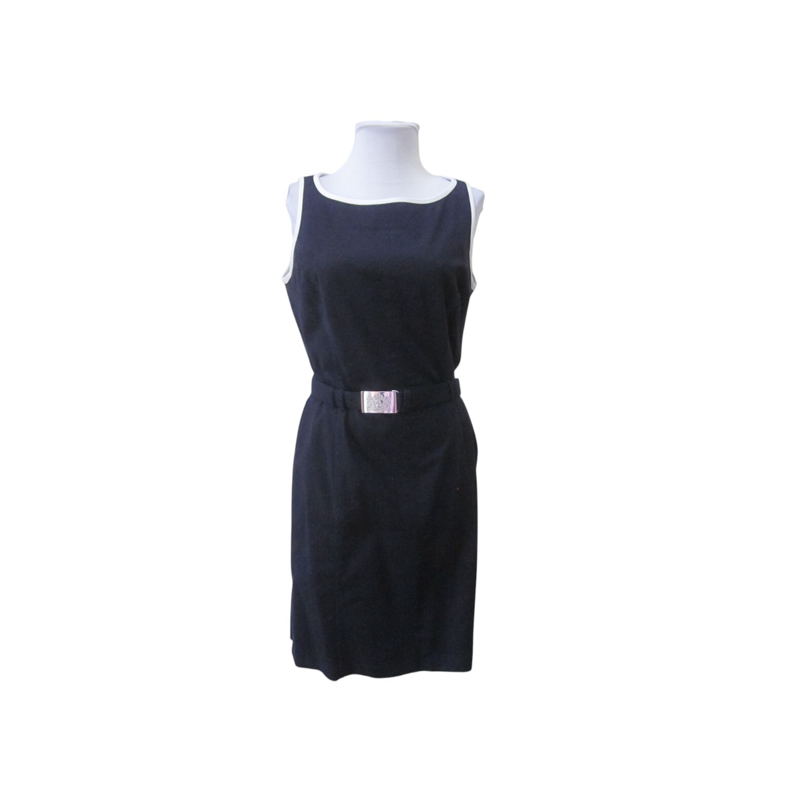 LAUREN RALPH LAUREN Navy Blue w/ White Piping Sleeveless Belted Dress Sz 10