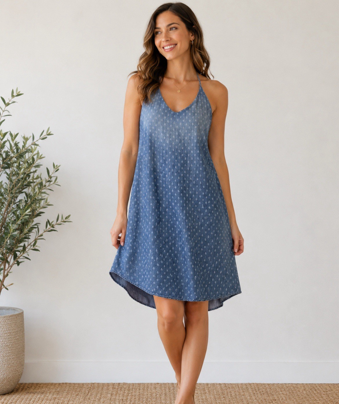 Cloth & Stone Large Blue Chambray Tencel Denim Halter Sundress Boho Festival