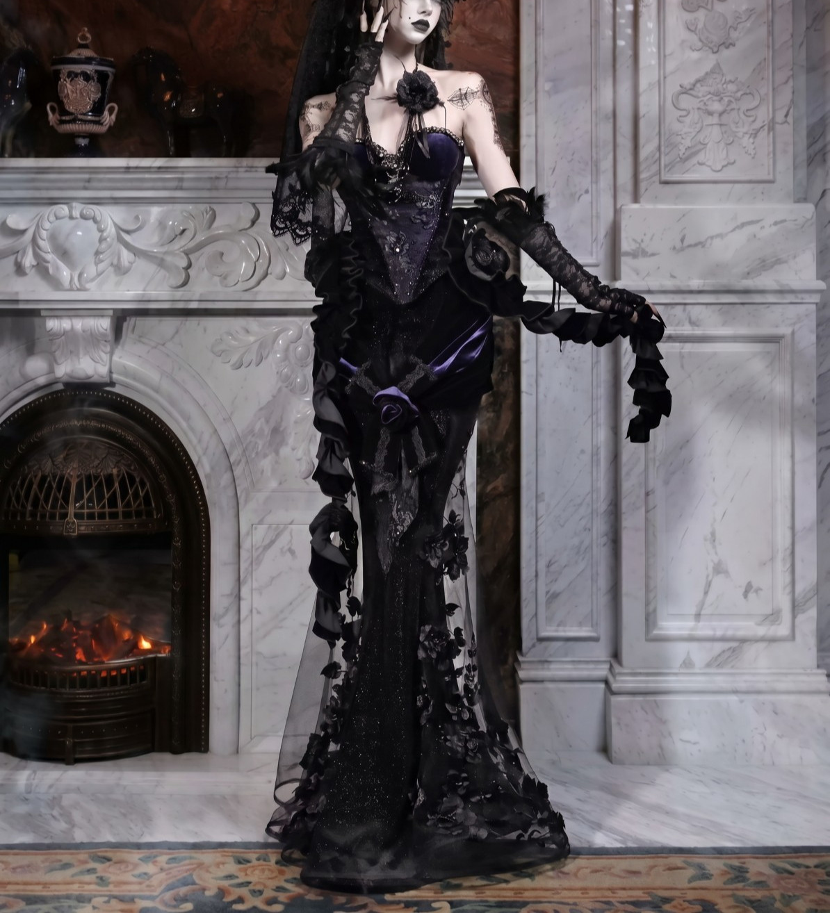 Mourning Day Gothic Beaded Embroidered Fishtail Maxi Dress