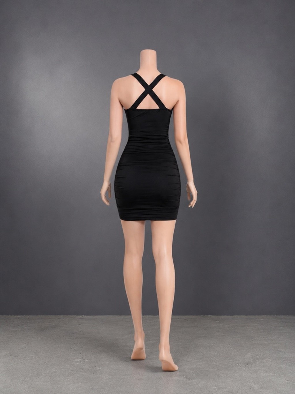 Black Ruched Bodycon Mini Dress with Criss-Cross Back & Double Zipper Detail