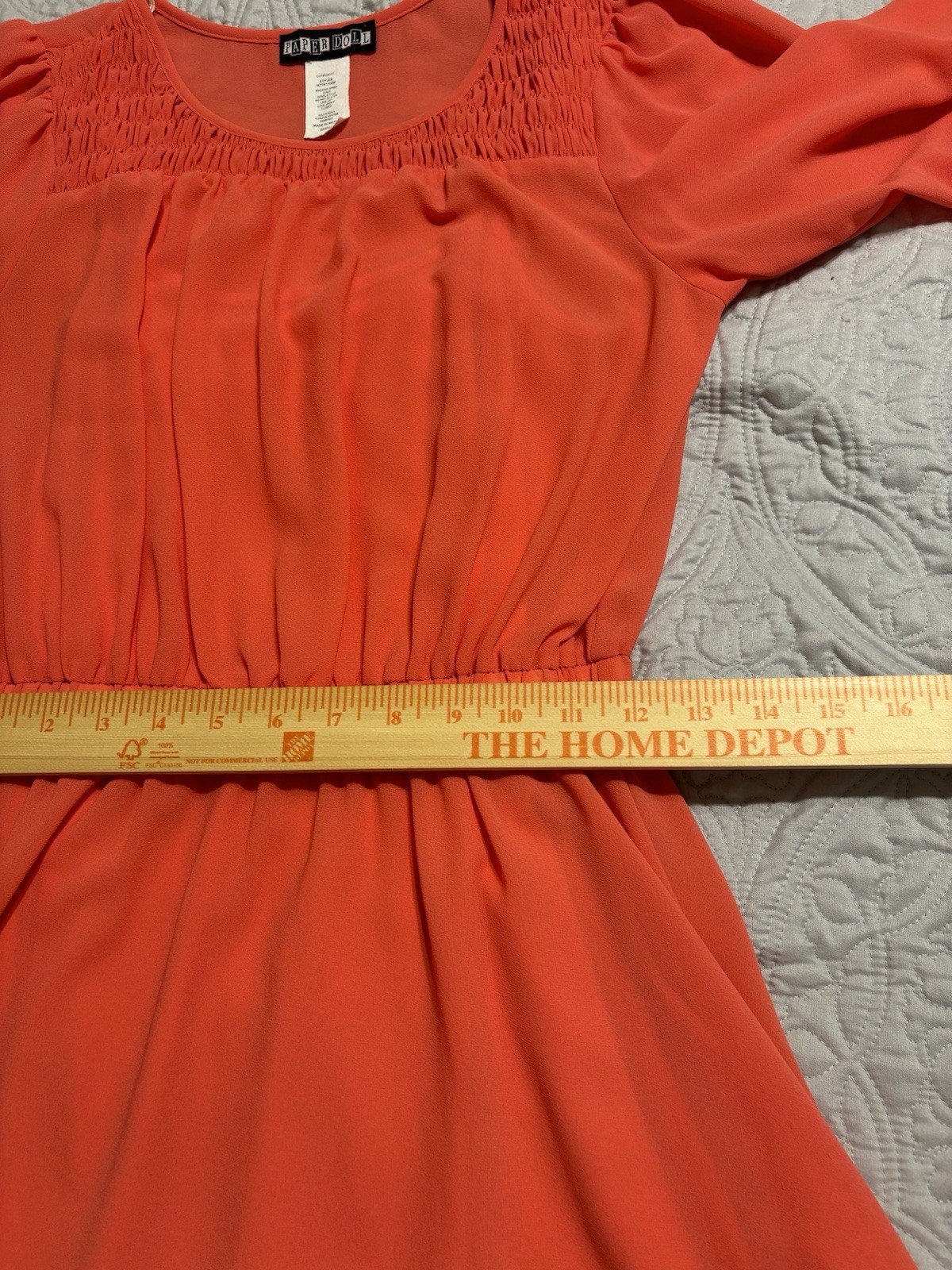 Paper Doll Coral Chiffon Smocked Puff 3/4 Sleeve A-Line Short Dress Small