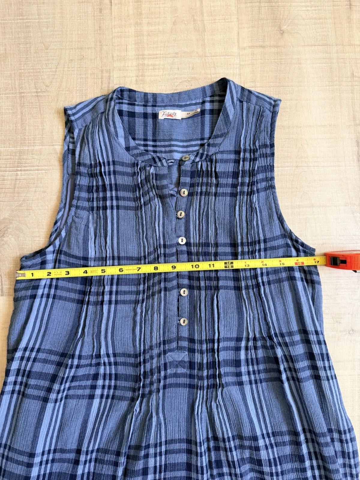 Faherty Blue Plaid Shift Dress Round Neck Button Front Organic Cotton Modal M