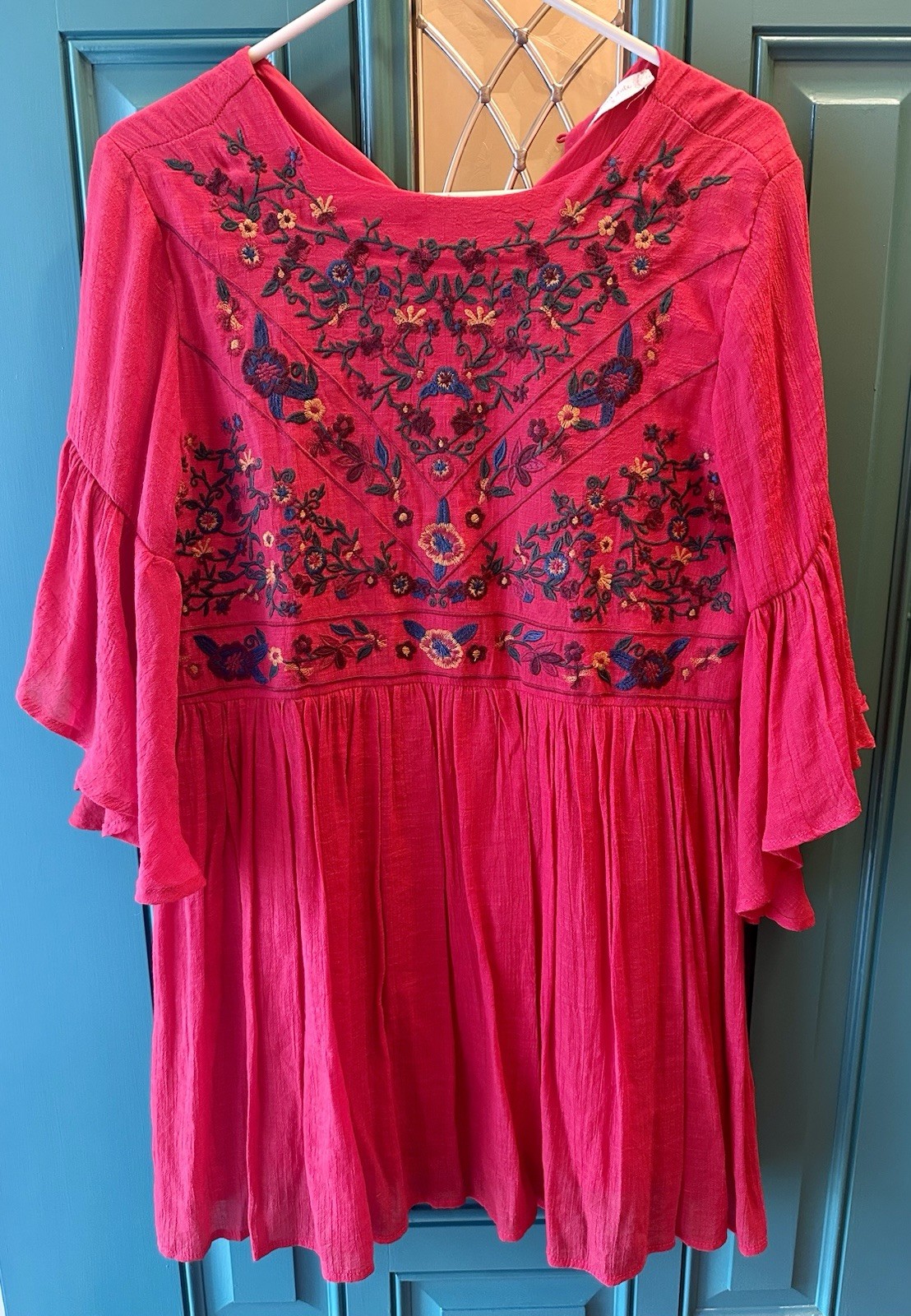 Altar’d State Embroidered Babydoll Dress Size S Red Floral Bell Sleeve