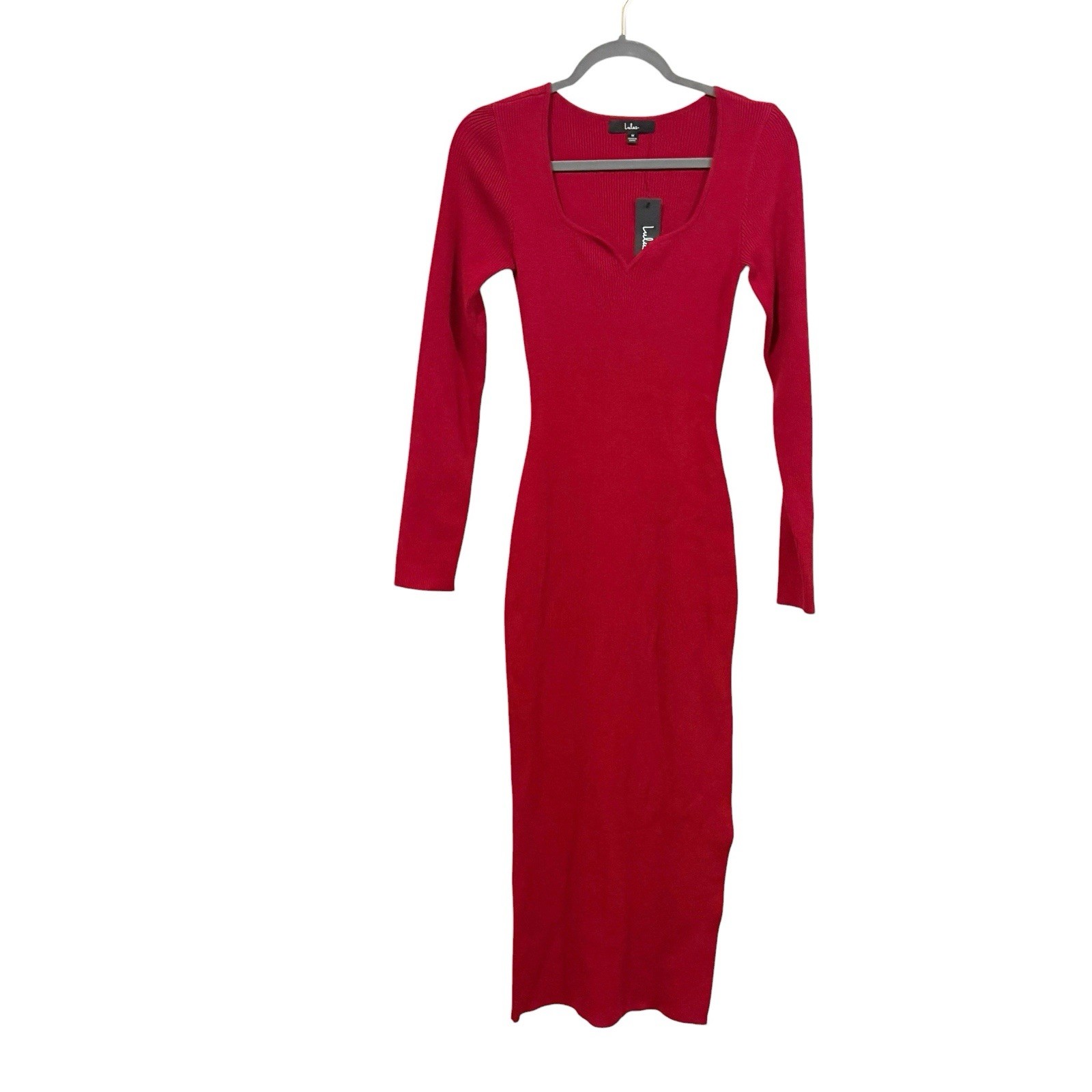 Lulus Darling Red Ribbed Stretch Knit Bodycon Midi Sweater Dress M Medium Casual