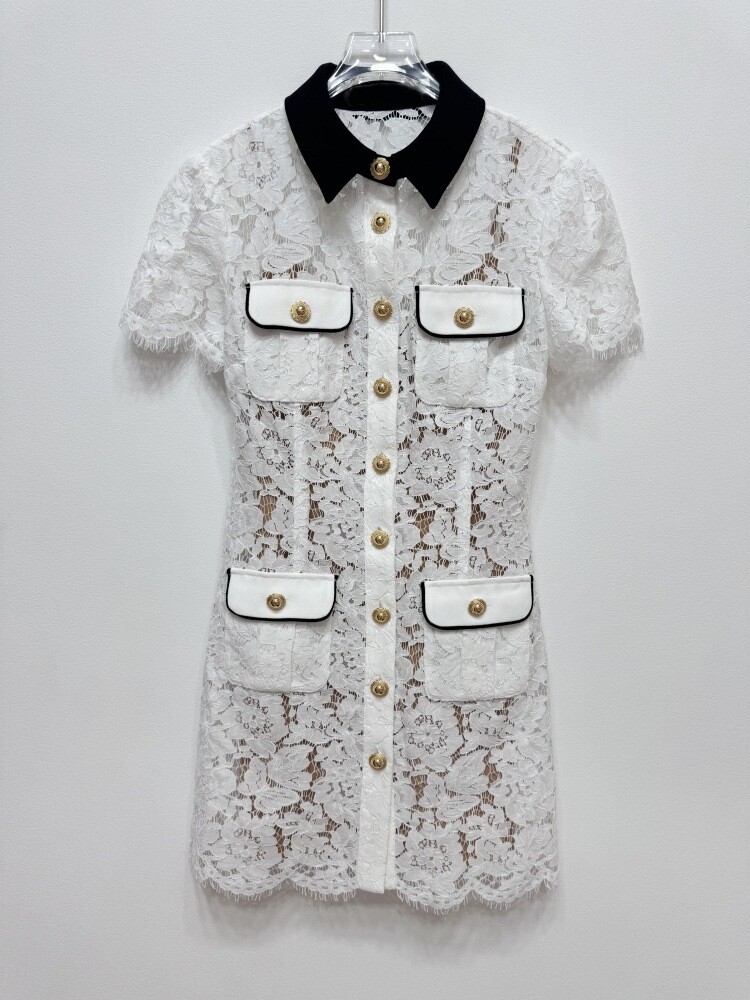 Self-Portrait white Lace trim splicing Color-blocking lapel Dress