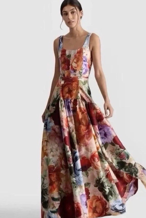 Alice + Olivia “Diana” Size 2 Floral Square Neck Maxi Dress, Orig. $1,195.