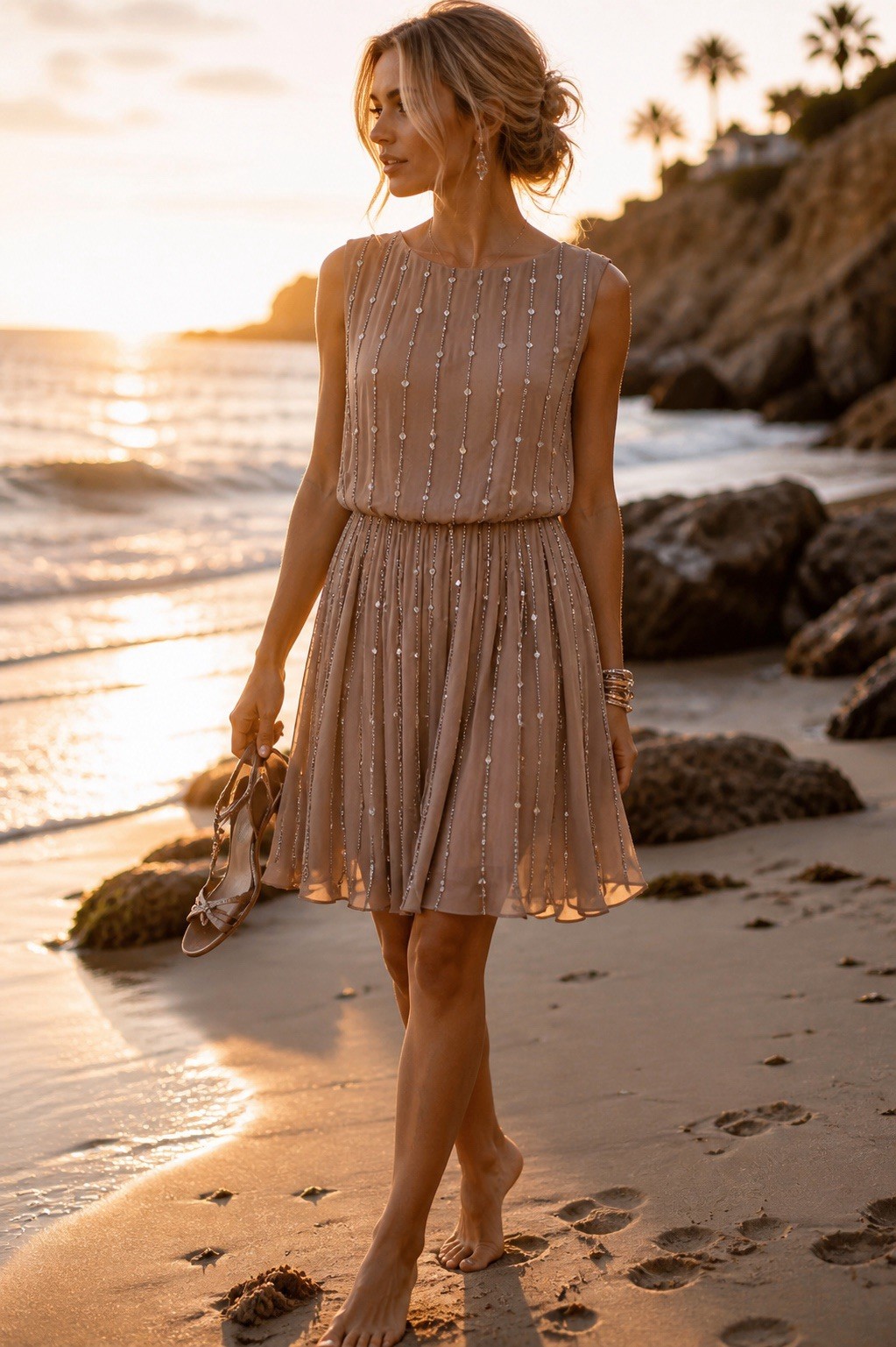Champagne Taupe Rhinestone Beaded Goddess Dress Open Back Pleated Forma