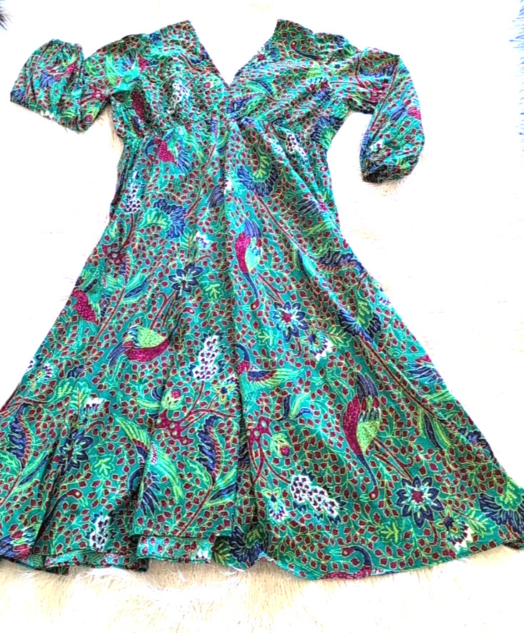 Vtg Denise L Swing Dress Size 11/12 V Neck Long Sleeve Green Floral