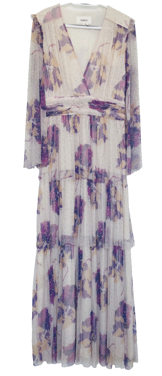 BA&SH Railey Maxi Dress Size L Ecru Off White Long Sleeve Floral Tulle NWT