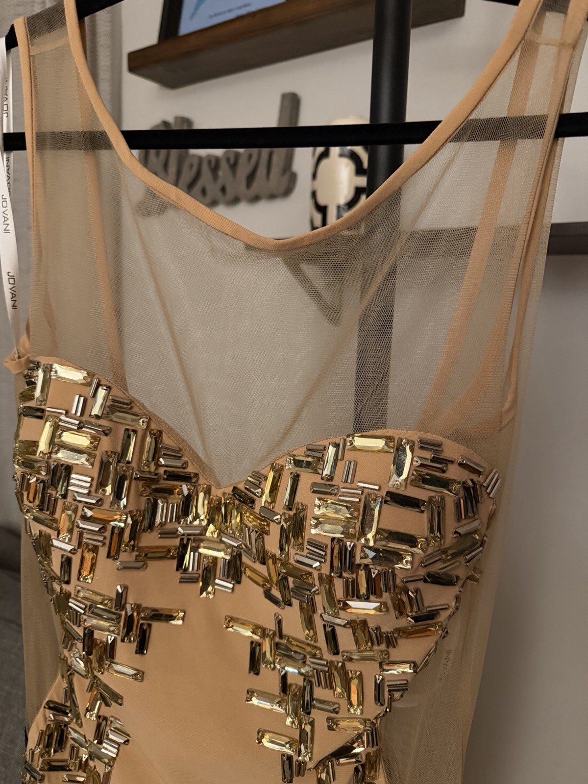 Jovani Beige/Gold Beaded Mesh Sweetheart Bodycon Knee Dress Size 12