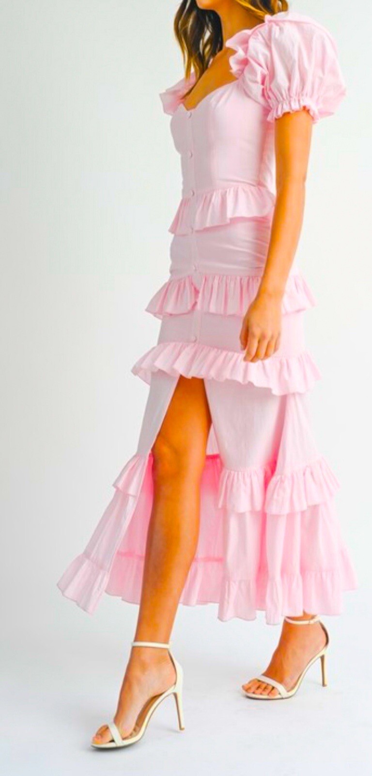 Lovely Cream Pink Puff Sleeve Ruffle Women’s New Maxi dress New S,M,L