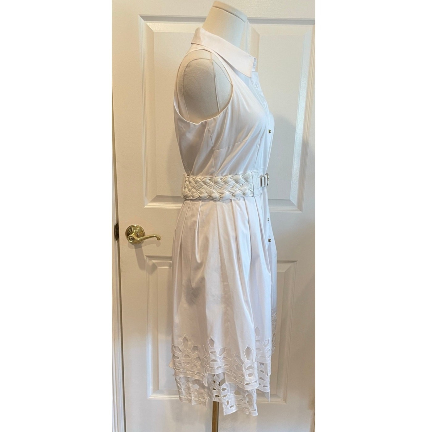 Chetta B White Cotton Blend Sleeveless Belted Midi Shirt Dress Coquette Size 6