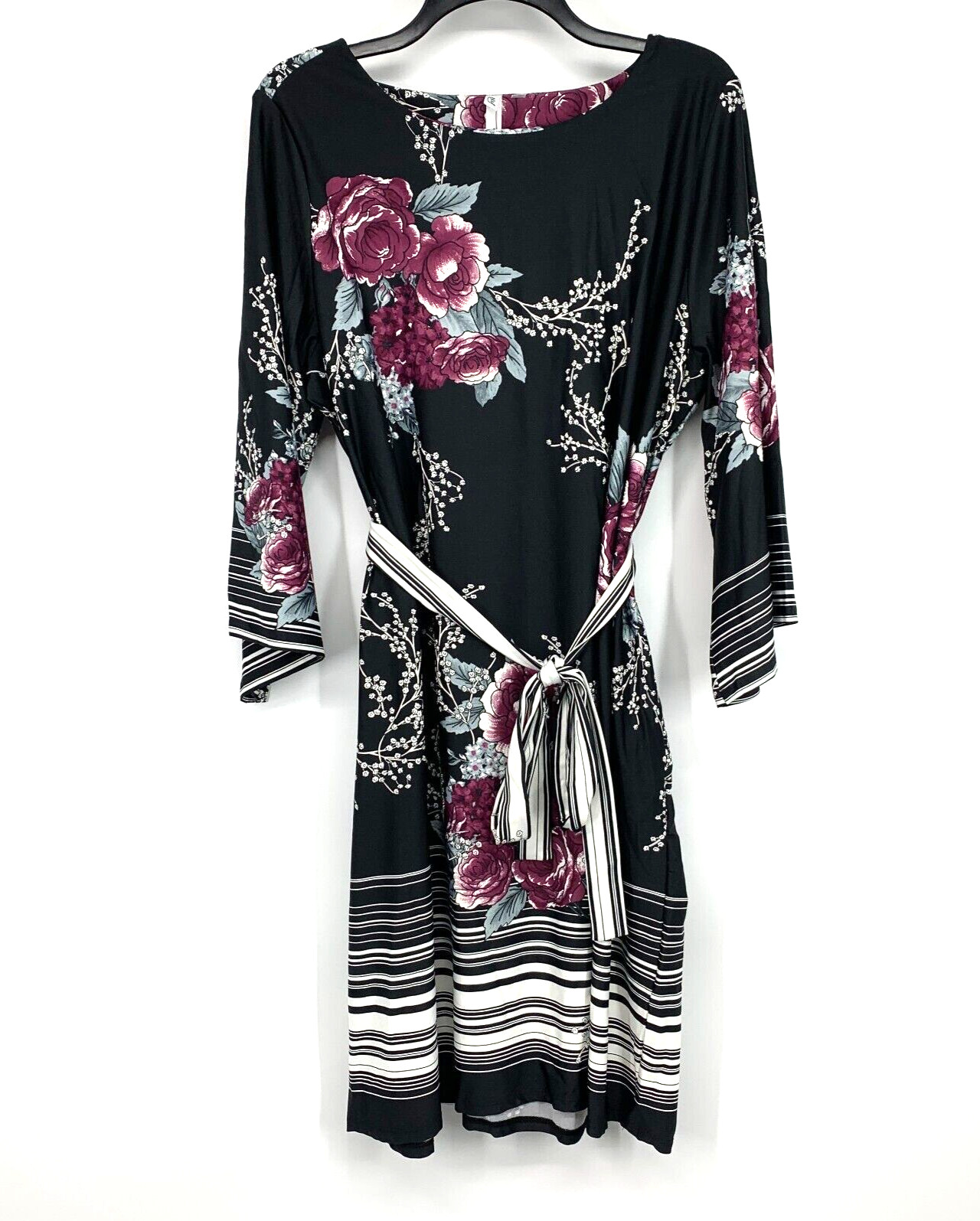 NY Collection Dress Womens Plus Size 2X Black Floral Print Belted Wide Sleeve