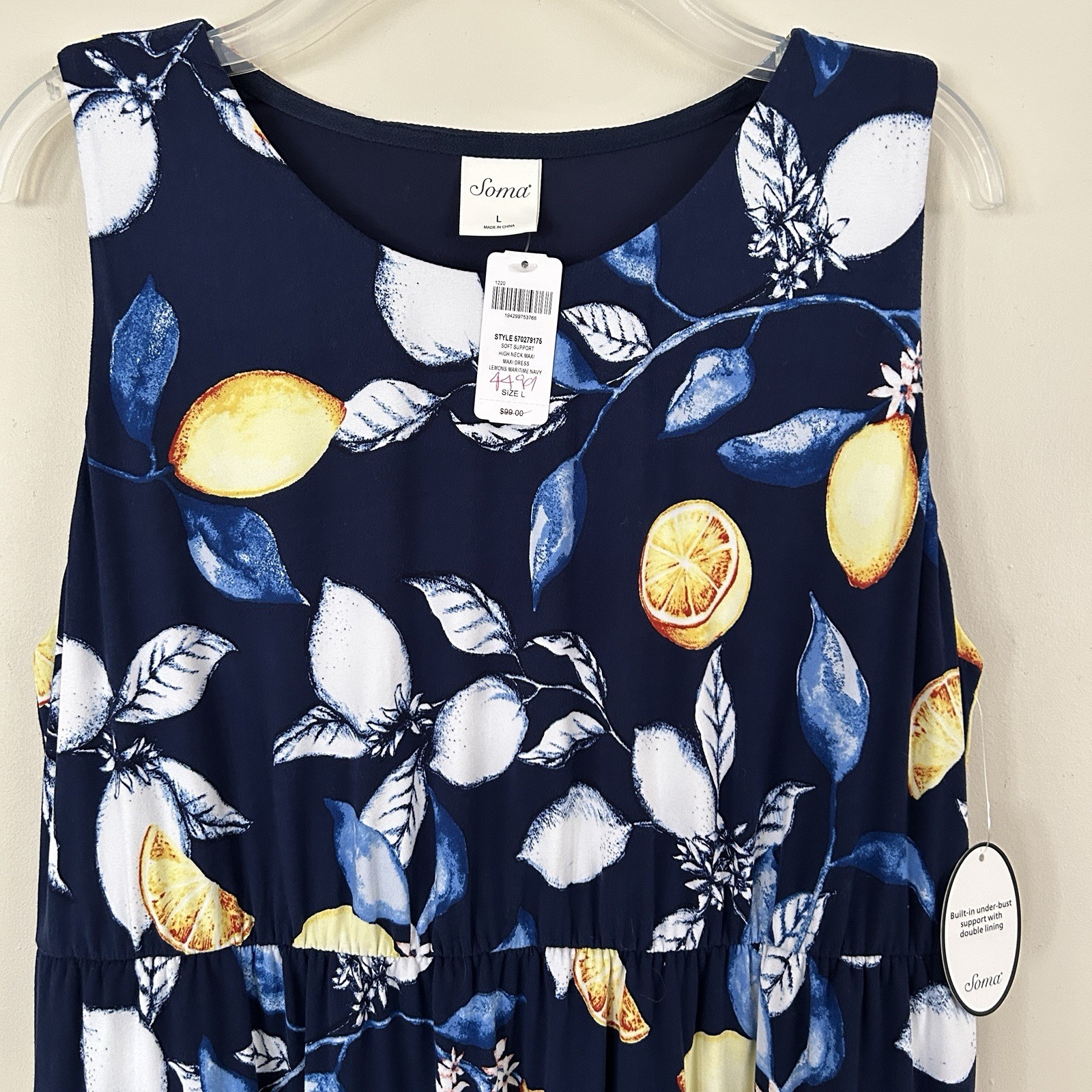 NWT Soma Sz Large Soft Support Maxi Dress High Neck Pockets Lined Blue Lemon $99