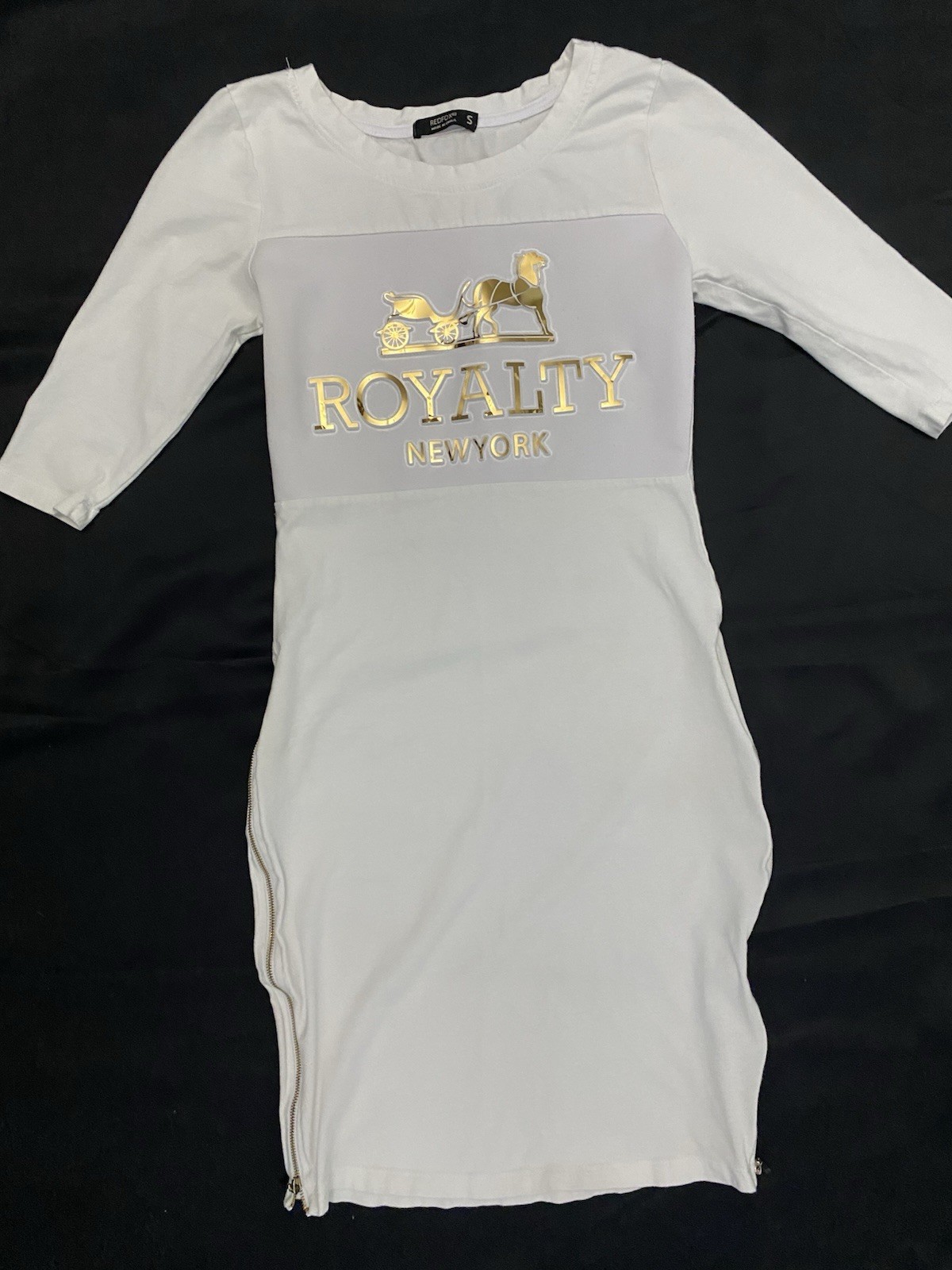 REDFOX Womens S White Solid Stretch Bodycon Midi Round Neck 3/4 Zip Logo
