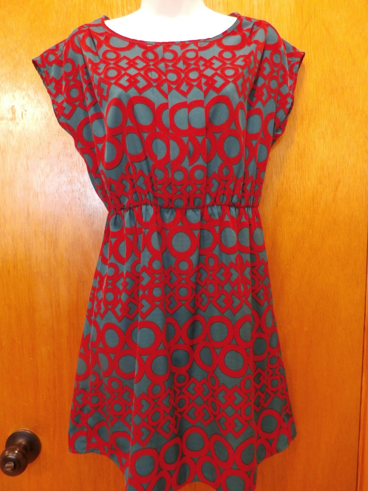 Mona B Red & Teal Sleeveless Short Dress Elastic Waist Cut Out Back Small
