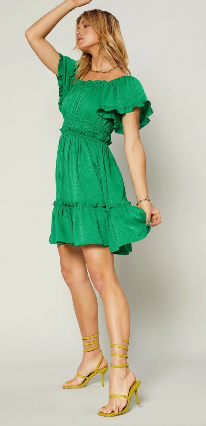 ANTHROPOLOGIE x CURRENT AIR Dress Green Milkmaid Jacquard Ruffled Tiered Mini