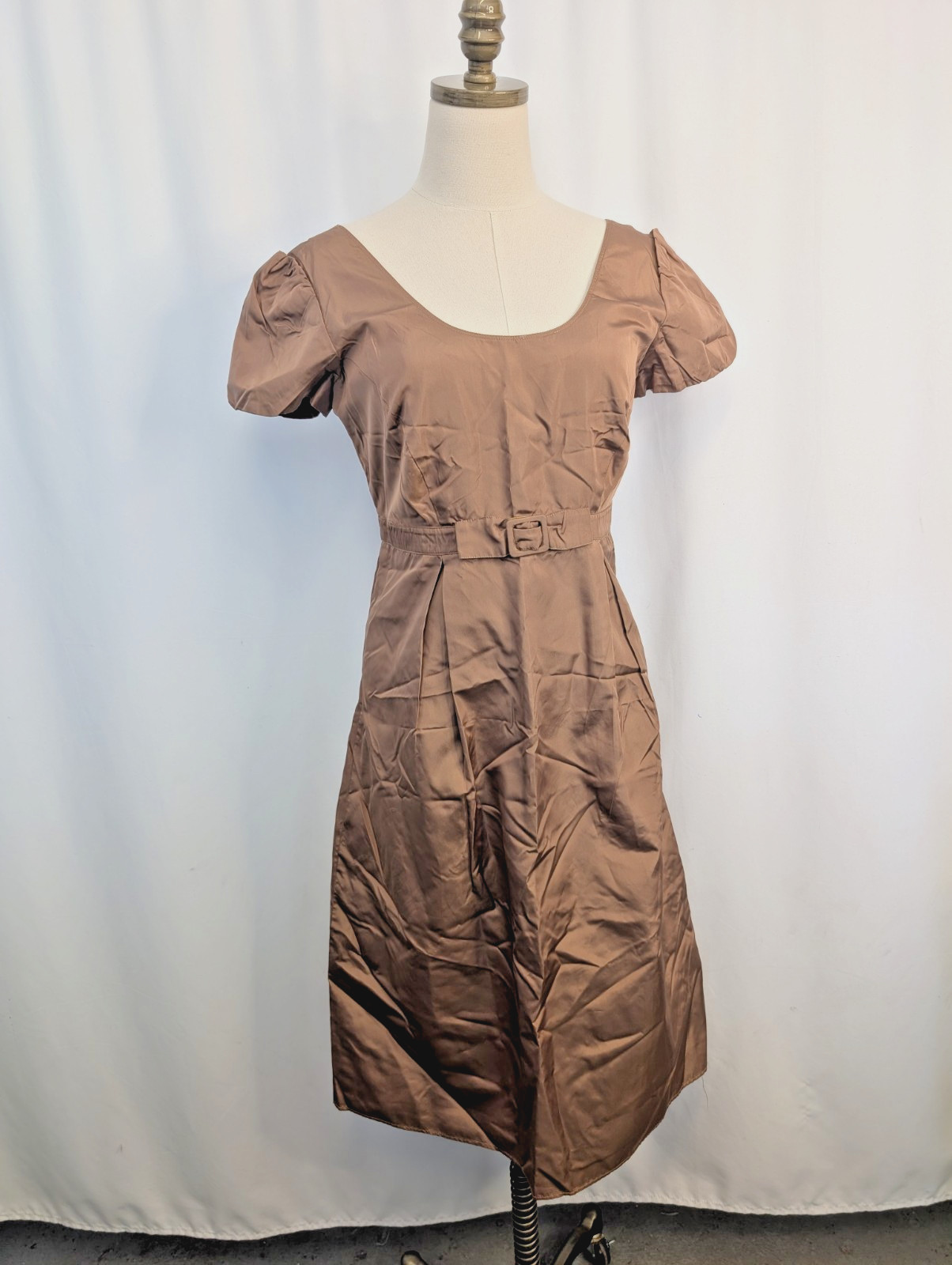 Burberry Silk Faille Puff Sleeve Shift Empire Bust Dress Tan Sz 44