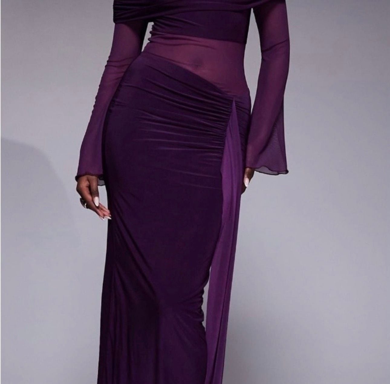 Kaiia Exclusive Slinky Foldover Off-The-Shoulder Sheer Panel Maxi Dress -Plum