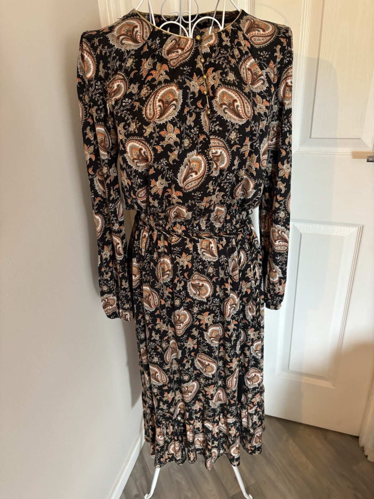 MNG Collection Paisley Viscose Midi Dress Button Front Rope Belt UK 10‑12 Boho