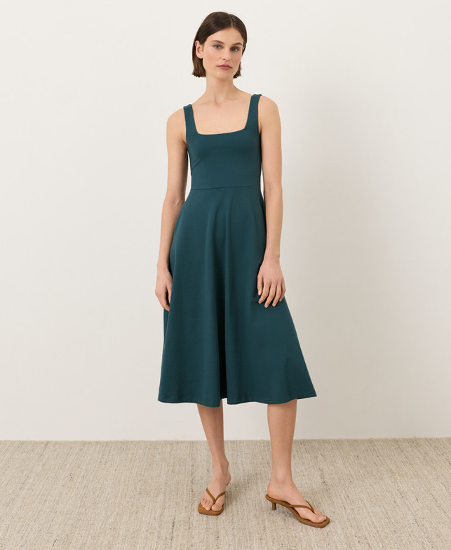 PACT Organic Fit & Flare Square Neck Dress, Deep Aqua