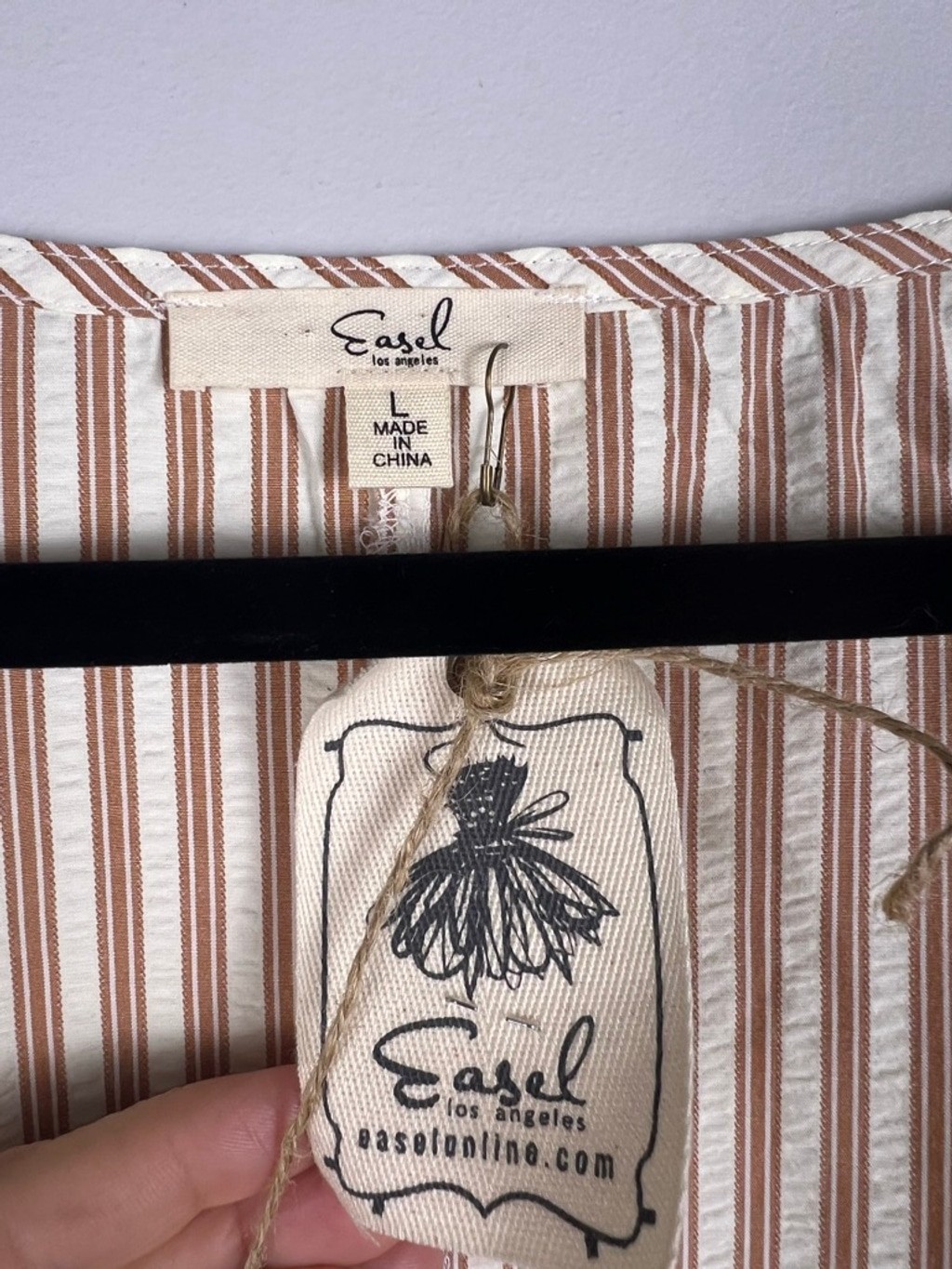 Easel Los Angeles Boho Striped Swing Dress L Cream Tan Tassel Tunic Cottagecore