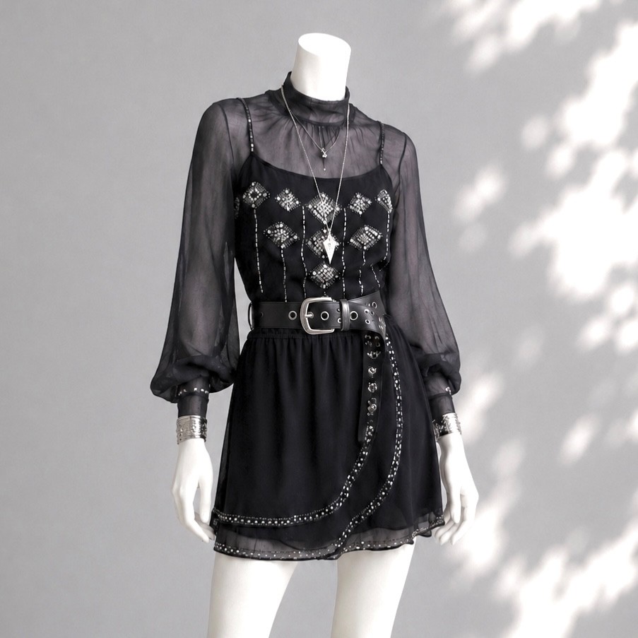 Forever 21 Black Silver Beaded Sequin Mini Dress L Blouson Goth Party Dress