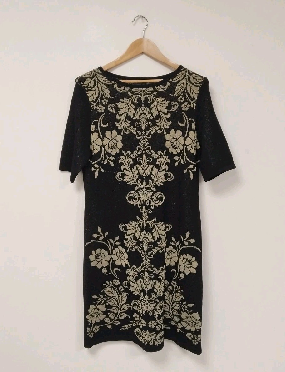 M&Co Floral Brocade Style Knitted Black & Gold Dress UK 16 BNWT Autumn Winter
