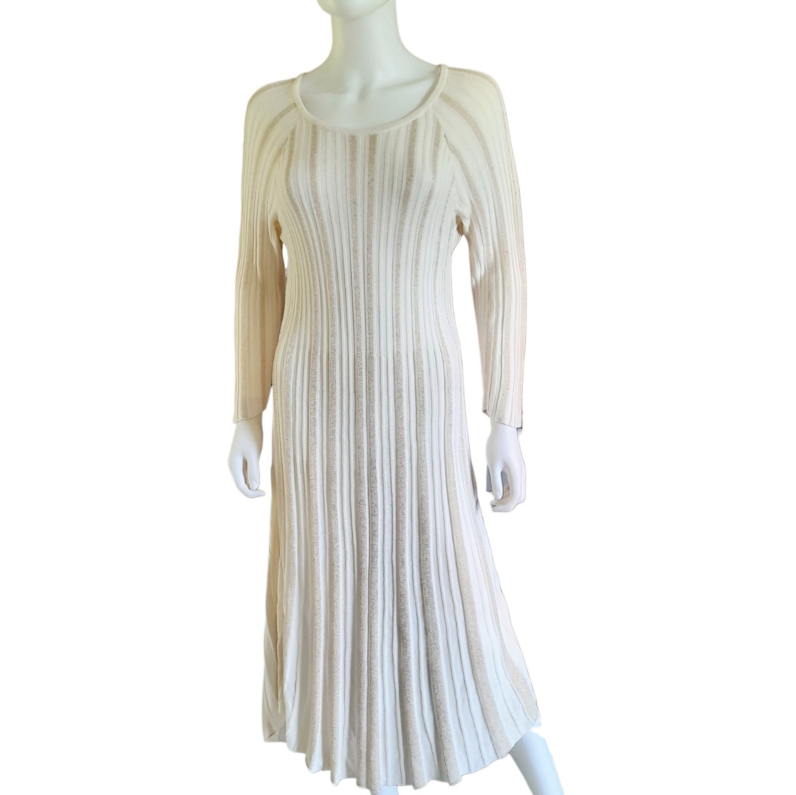 CATO Cream/Metallic Gold Ribbed Knit 3/4 Sleeve Fit & Flare Midi Dress Sz 14/16W