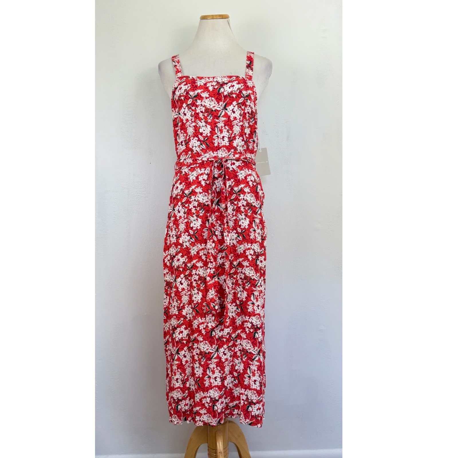 Chelsea28 Dress Size Small NWT Red Floral Print Crepe Viscose Belted Pockets
