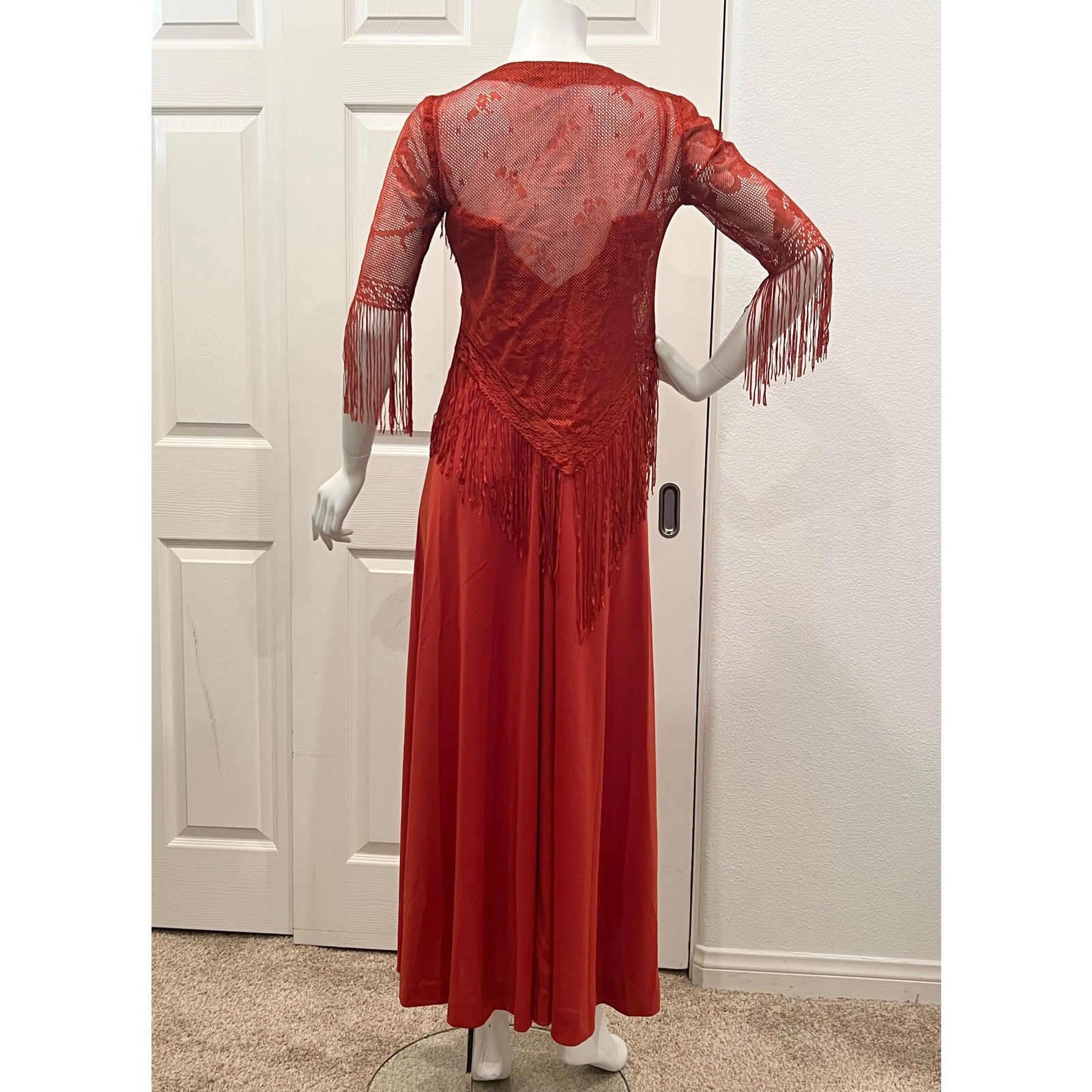 vintage 70s rust disco 1970s fringe dress strappy polyester evening dress Small