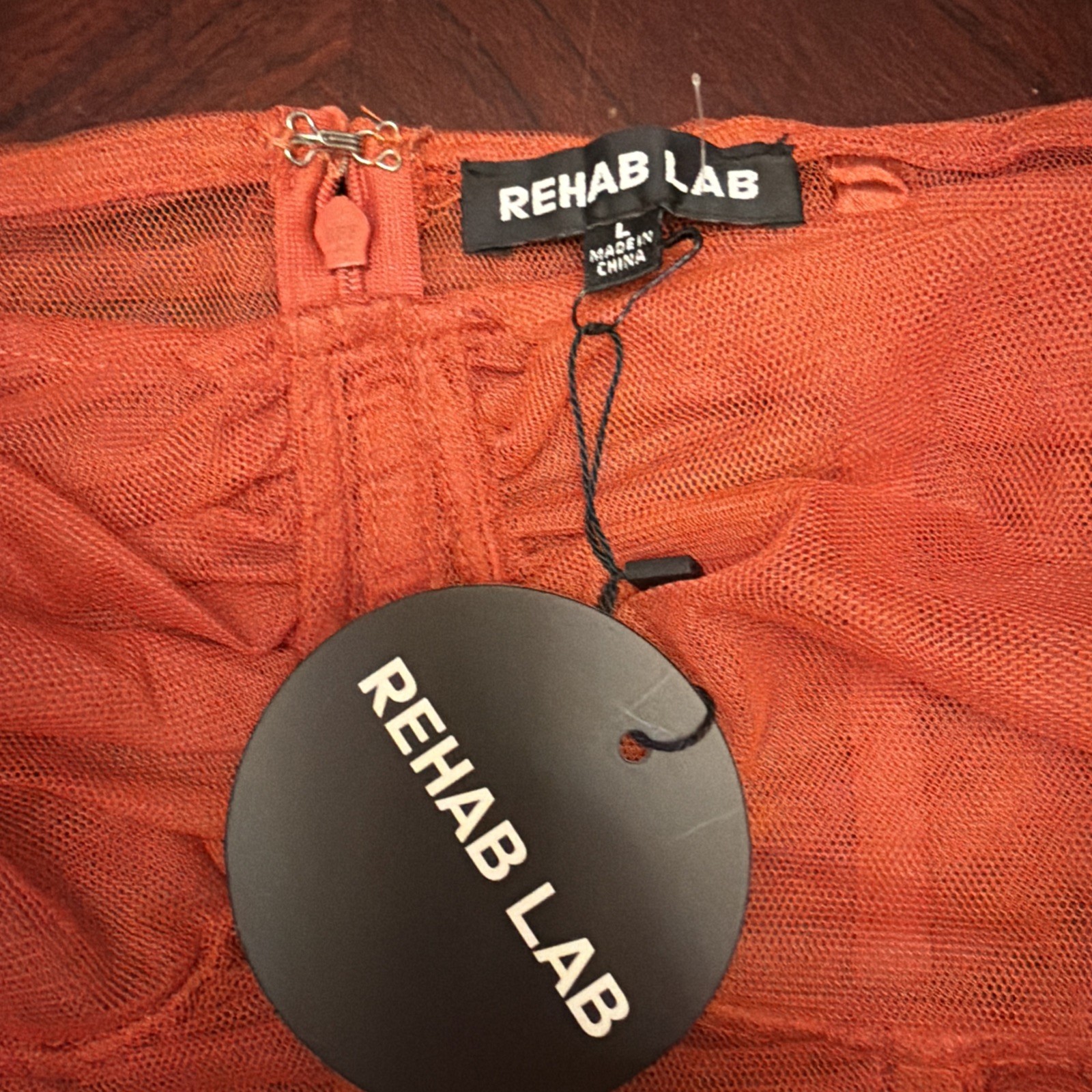 Rehab Lab Sheer Ruched Rust Midi Dress Sz L Tie Up Sides Stretchy Festival Party