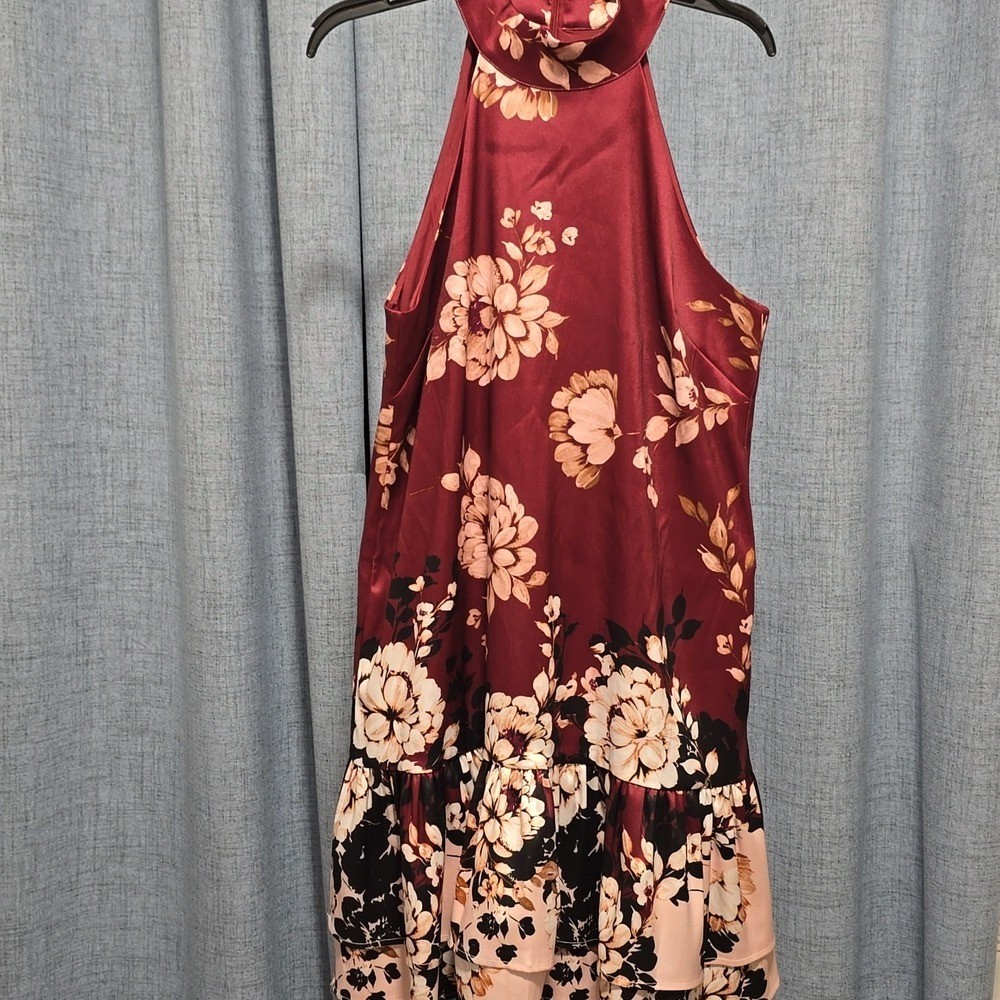 Belle Badgley Mischka Floral Halter Neck Women’s Dress – Burgundy and Cream Sz14