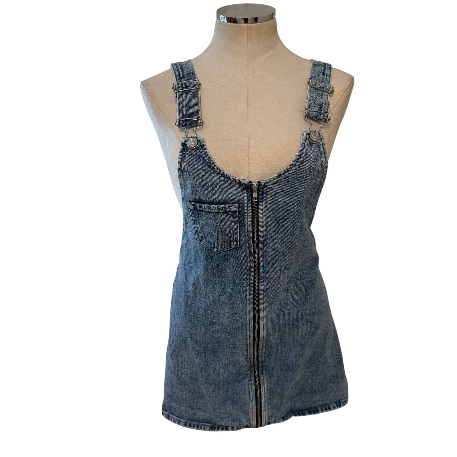 Pacsun Women Overall Blue Denim Zip Front Adjustable Strap Mini Dress Size Small