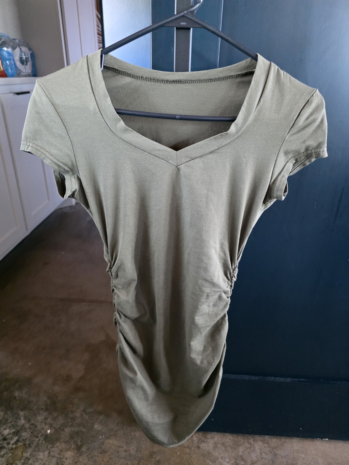 Olive Ruched Jersey T-Shirt Dress V-Neck Short Cap Sleeve Midi Stretch Cotton