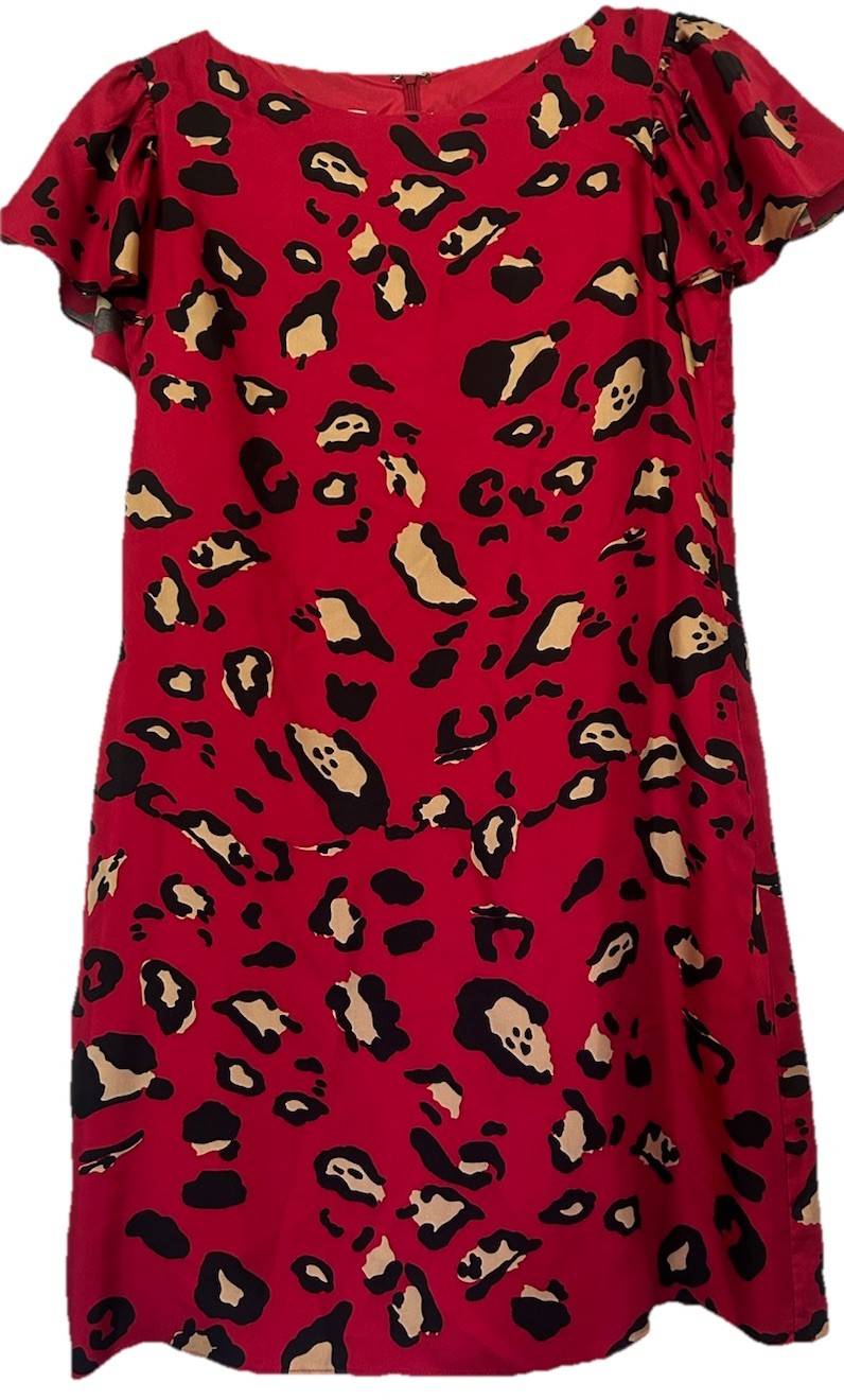 Britt Ryan Dress Red Leopard Print 100% Silk Shift Short Sleeve Lined Size 4 EUC